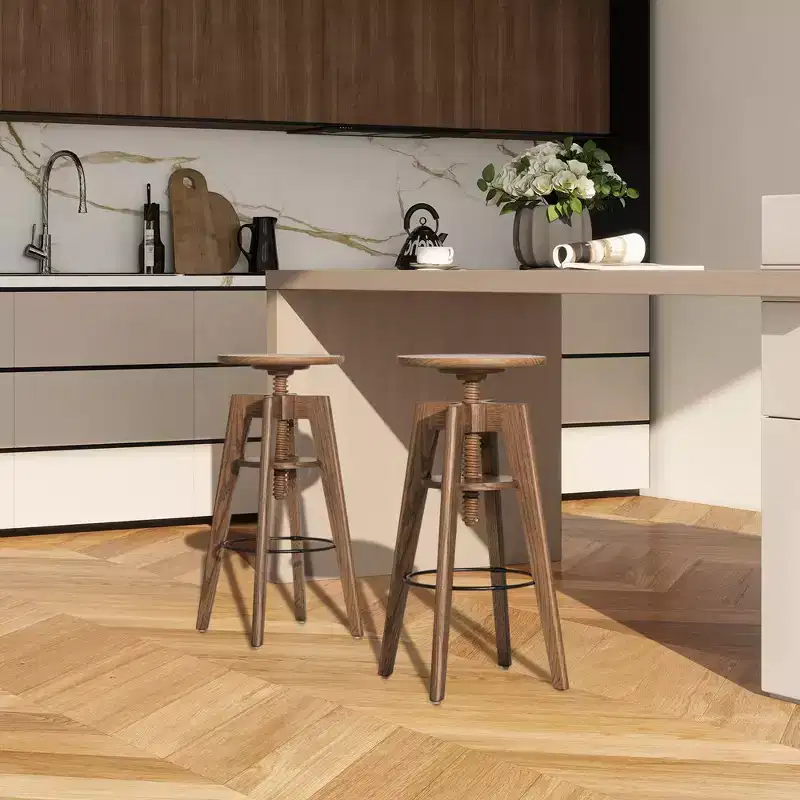 Minimalist Oak Wood Adjustable Bar Counter Stool, Walnut Brown, 300 lb Capacity