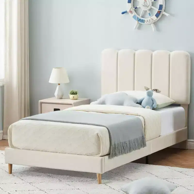 Twin Bed Frame, Velvet Upholstered Platform Bed with Wave Headboard for Girls/Kids, Easy Assembly, Wooden Slats Support, No Box Spring Needed, Pink