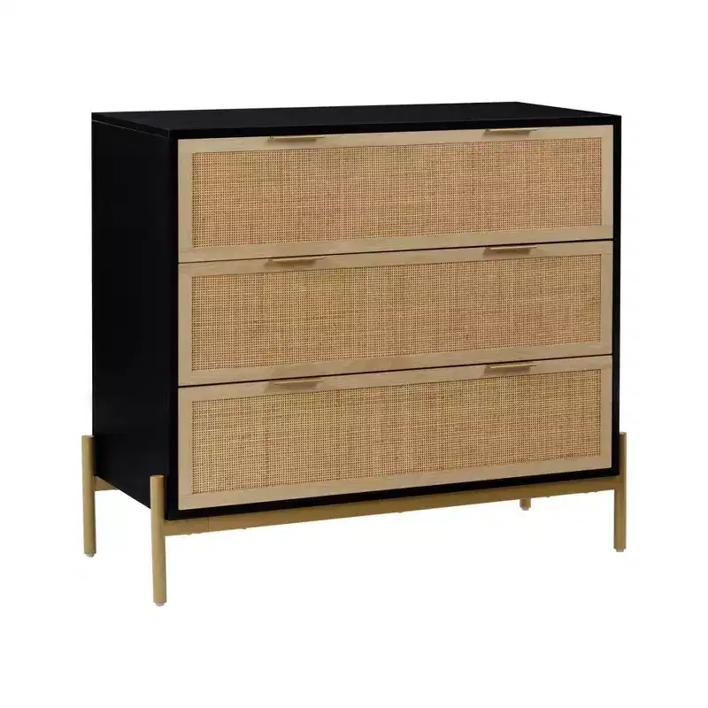 3-Drawer Rattan Dresser with Metal Legs & Safety Interlock, Black/Light Oak