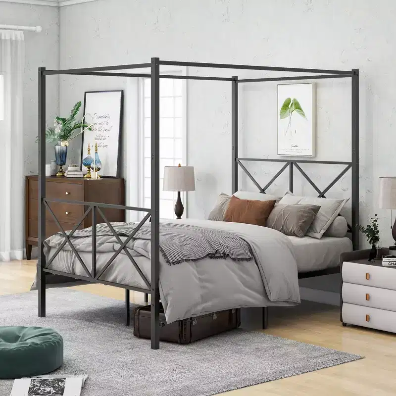 GDFStudio Rubie Modern Metal Canopy Bed Frame with X Shaped Headboard