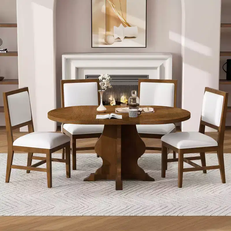 GDFStudio Mandy Farmhouse 5-Piece Extendable Dining Table Set with Upholstered Chairs