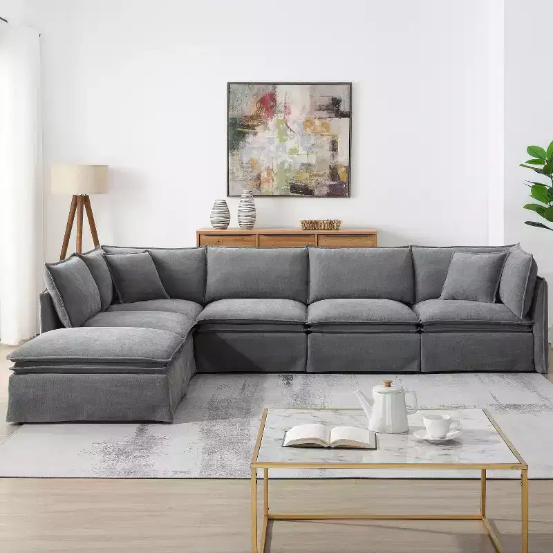Whisen 125.5 Modular 6-Seat Sectional Sofa with Movable Ottoman Wide Seat Chenille Fabric Free Combination for Living Room Apartment