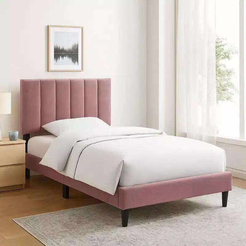 Royal Hampton Full Size Bed, Blush Pink Linen Upholstery, Channel Tufted
