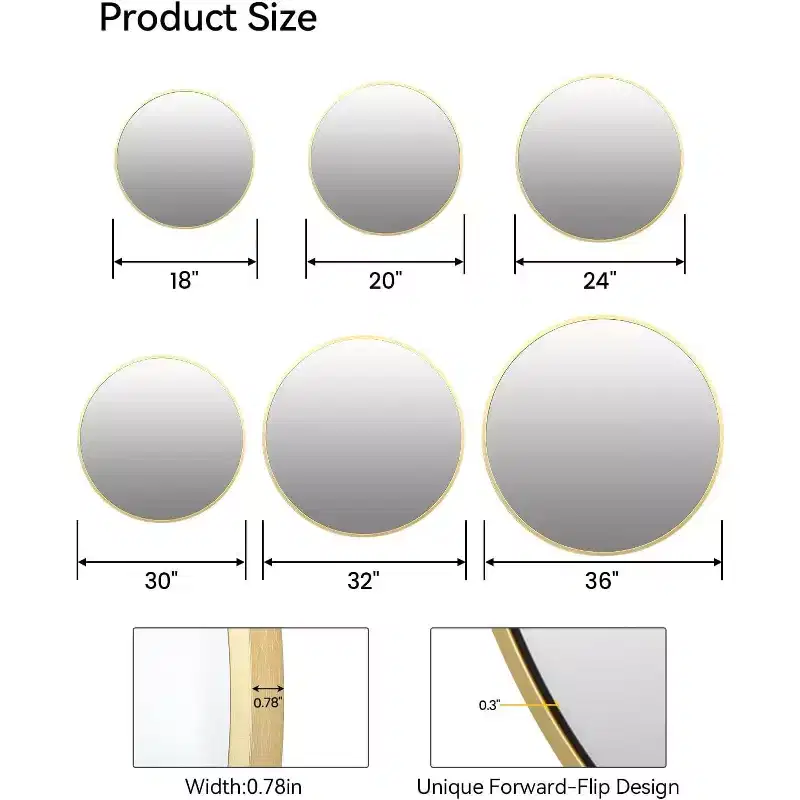 18 Round Gold Bathroom Mirror, Stylish Over-Sink Mirror with Metal Frame, Small Wall Mirror for Entryway, Vanity, Bedroom