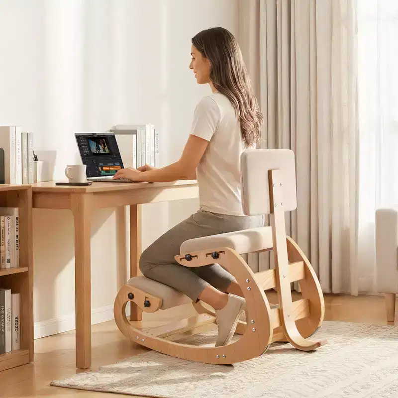 Ergonomic Kneeling Chair, Wooden Posture Knee Chair with Adjustable Thick Foam Cushions, Backrest and Wood Frame, Adjustable Height, Off-white