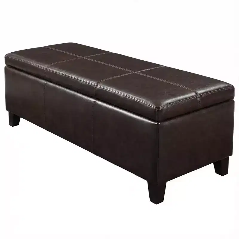 50.25 Rectangular Storage Ottoman Bench in Distressed Brown Faux Leather, Lift-Top