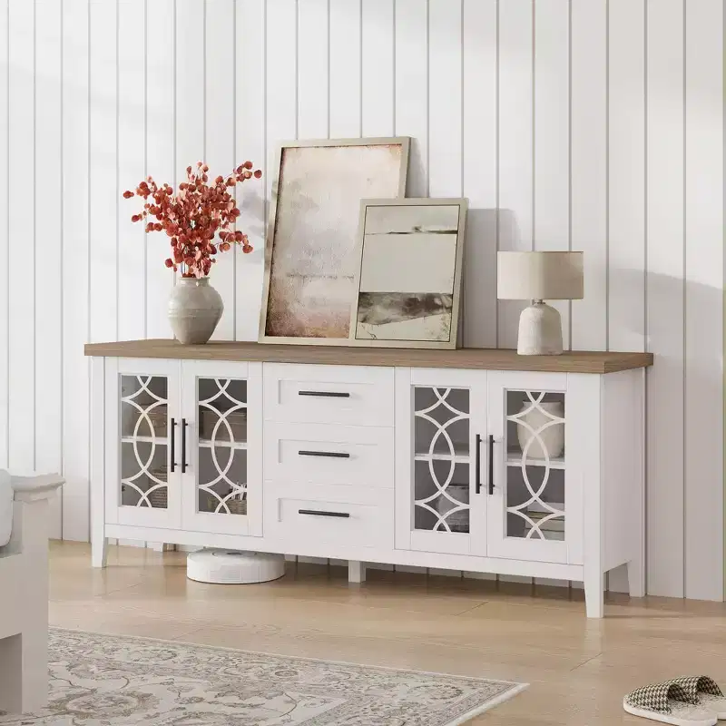 Farmhouse TV Stand for 70 Inch TV, Mid Century Entertainment Center with 3 Drawer & 2 Storage Doors, Wooden Media TV Console Table for Living Room