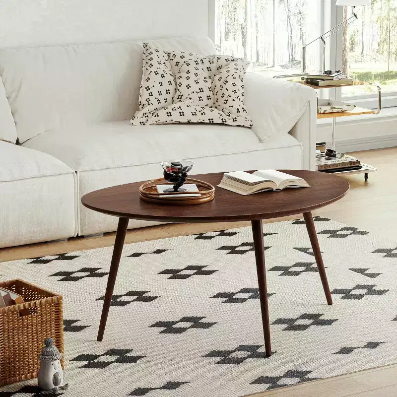 GDFStudio Adolph Mid-Century Modern 33.46 W Solid Oak Wood Oval Coffee Table with Three Legs