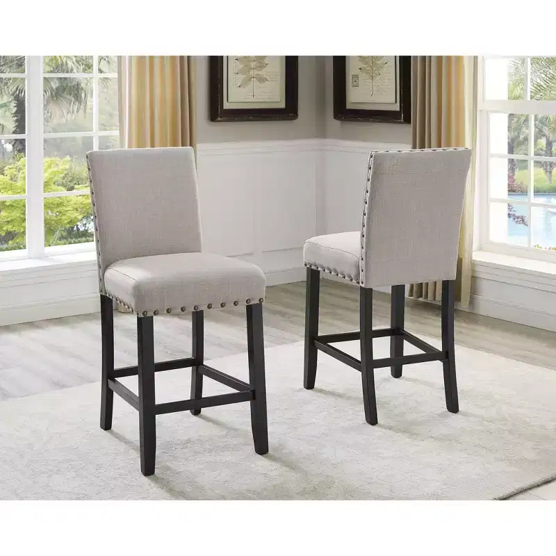 Roundhill Furniture Biony Fabric Counter Height Stools with Nailhead Trim, Tan, Set of 2