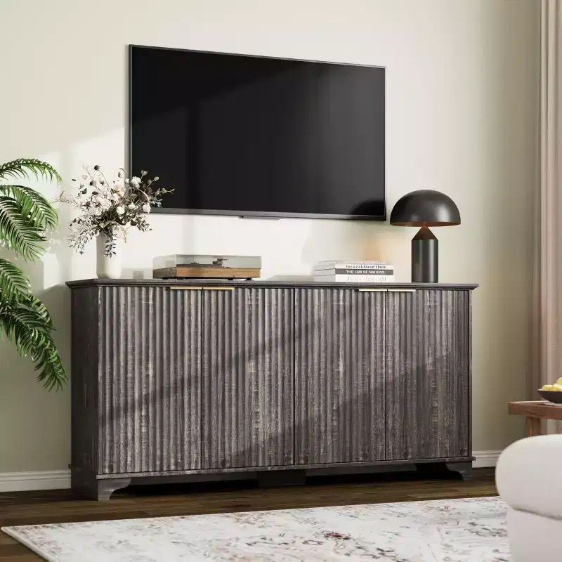 Whizmax Fluted Buffet Sideboard Cabinet with 4 Doors and Storage, Storage Cabinet with Adjustable Shelves, Coffee Bar Cabinet for Kitchen, Living Room