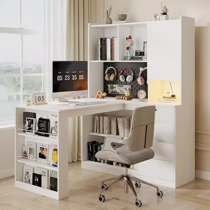 MooxvMoo Left L Shaped Wooden Desk w/ Charging Station, LED Lights, Drawers and Bookshelf, Modern Corner Computer Table for Home Office Gaming, White