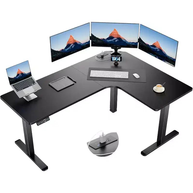 HUANUO 63 Dual Motor L-Shaped Standing Desk, Electric Height Adjustable, Built-in Power Outlets, Sit-Stand Desk, Black