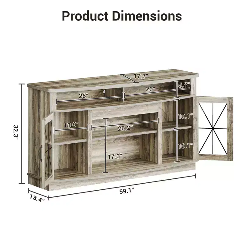 GustoWave Farmhouse TV Stand with Storage Cabinets, LED Entertainment Center for up to 65 Inch TVs, Retro Gray