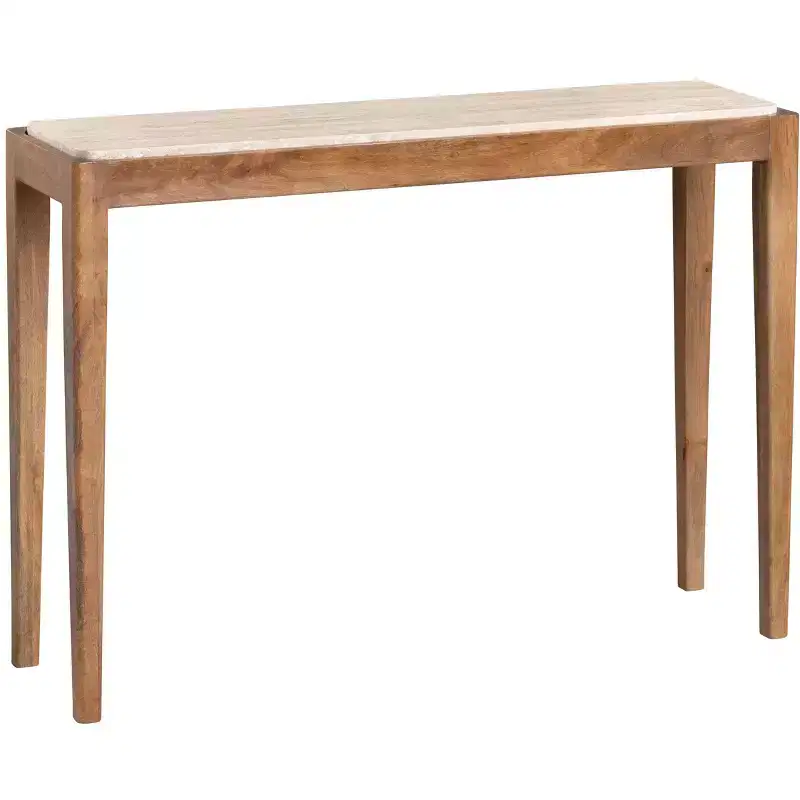 Brown Travertine Top Console Table, Mango Wood Frame, 1-Piece