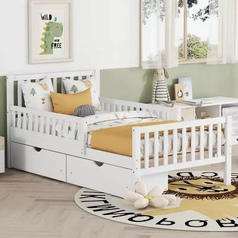 MAYEERTY Twin Size Wood Platform Bed with Guardrails on Both Sides and Two Storage Drawers White