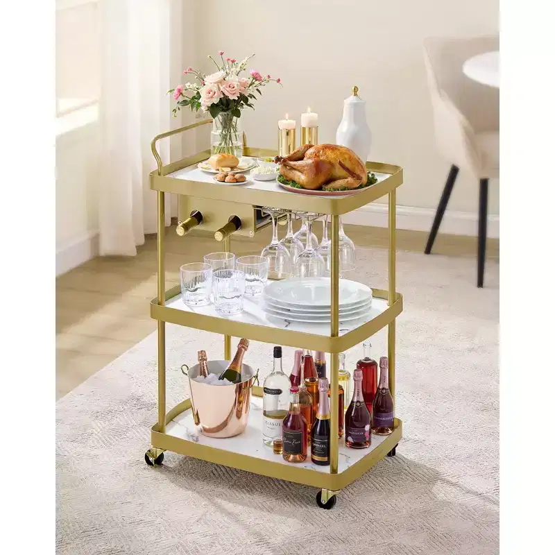 SONGMICS HOME 3-Tier Bar Cart with Wine Rack & Glass Holder - Mobile Serving Cart, Swivel Wheels with Locks