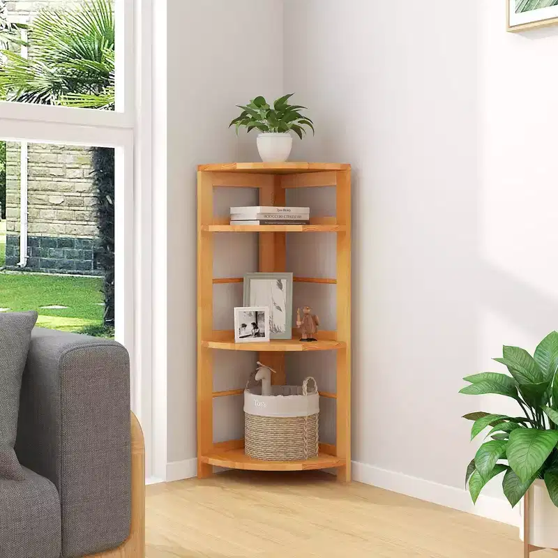 4-Tier Corner Shelf w/ Rubber Wood Frame Anti-Toppling Kit Home Office Natural