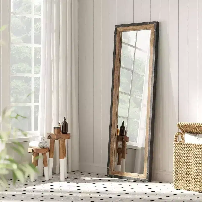 16x48 Leaner Floor Mirror Full Length Large Rustic Standing Leaning Hanging Wood and Metal Long Farmhouse Wall Mirror Brown