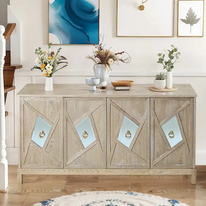4-Door Sideboard with Mirror Panel Doors & Gold Handles – Grey / Wood, MDF & Wood Veneer, Solid Wood Legs