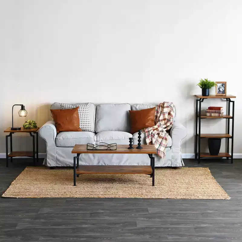 Crown Rectangular Coffee Table with Storage Shelf Rustic Hickory Wood Grain and Black Metal