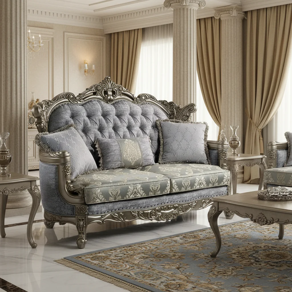 Loveseat with 3 Pillows, Gray Fabric, Antique Bronze Finish, 73 Inch