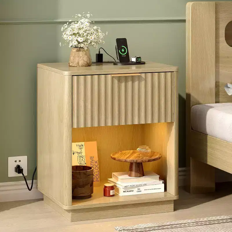 VINGLI Nightstand with Charging Station, LED Nightstand set of 2 ,19 W Mid Century Modern Night Stand for Bedroom, Fluted Bed Side Table