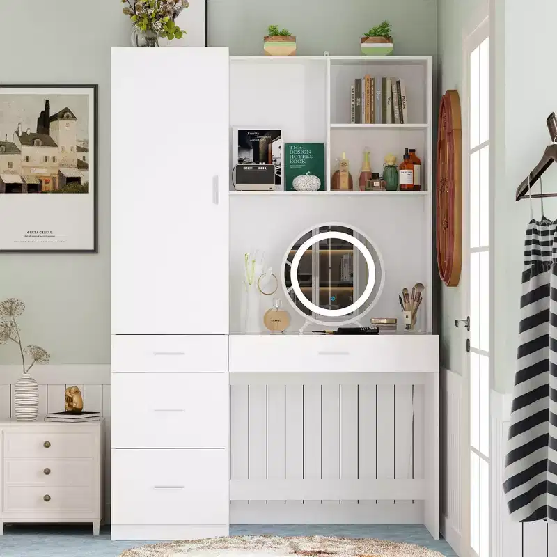 Famapy White Armoire With Vanity Table and Mirror Versatile Wardrobe