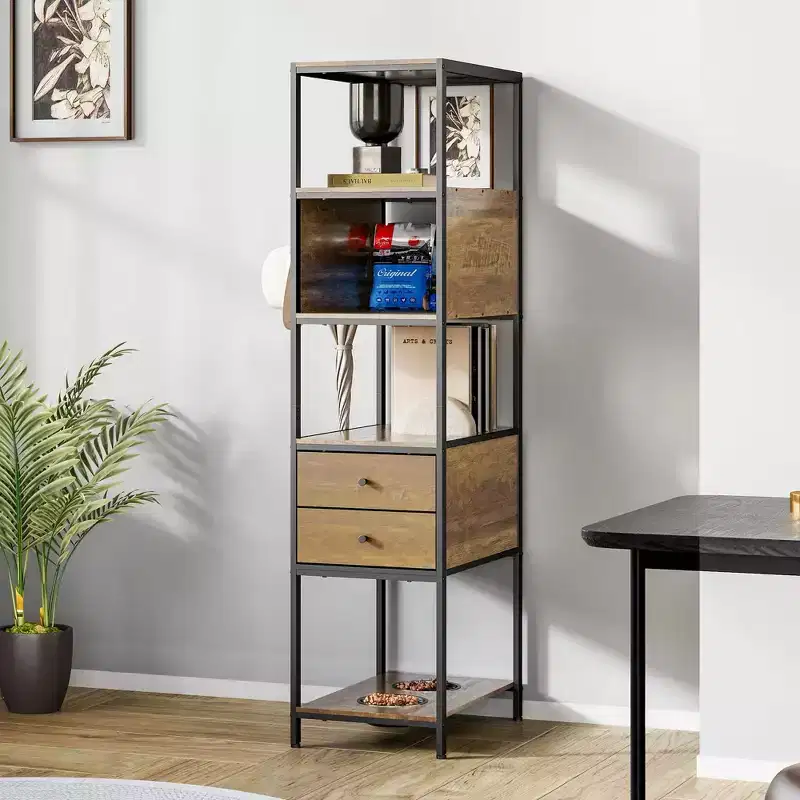 Heynemo Industrial Bookshelf, Standing Display Shelf with 2 Dog Bowls, Metal and Wood Bookshelf, Dog Feeder Station with Shelves