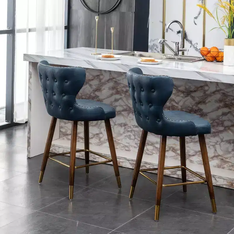 Roundhill Furniture Nevis Mid-century Modern Faux Leather Tufted Nailhead Trim Counter Stool, Blue, Set of 2