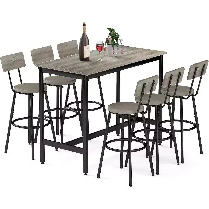 Zevemomo 7-Piece Counter Height Dining Set, 6 PU Upholstered Stools, Space-Saving High Top Table Set for Small Spaces, Grey