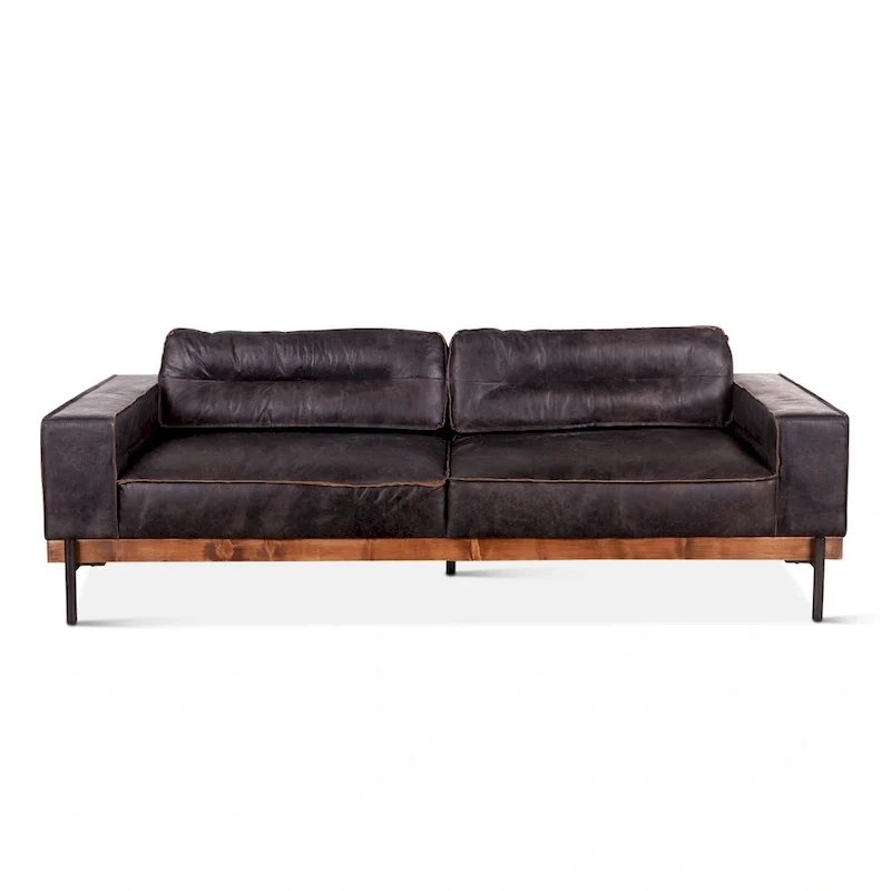 Distressed Antique Ebony Leather Sofa