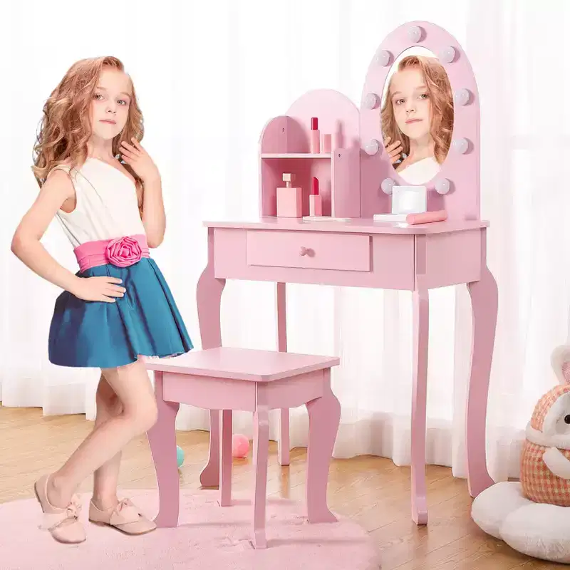 Kids Makeup Vanity Desk, Girls' Vanity Set with Light and Mirror, Makeup Table and Stool for Kids, Wood Dressing Table with Playset for 4-9