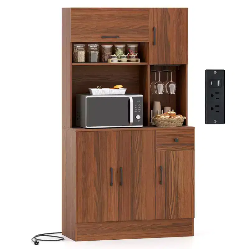 Costway 66 Pantry Cabinet Tall Kitchen Storage Cabinet with Charging Station Brown