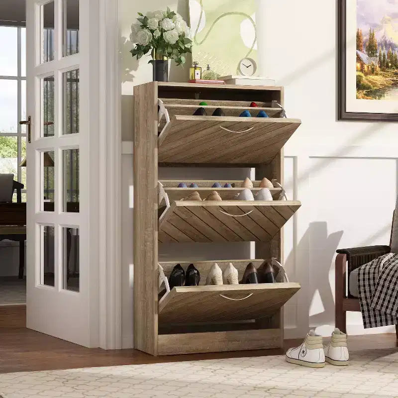 Famapy Brown Woodgrain 3 Drawer Flip Up Shoe Cabinet Openwork