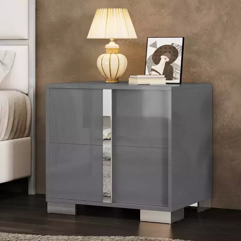 AMERLIFE Nightstand, 23.6'' Modern End Table with 2 Drawers, High Gloss UV Finish