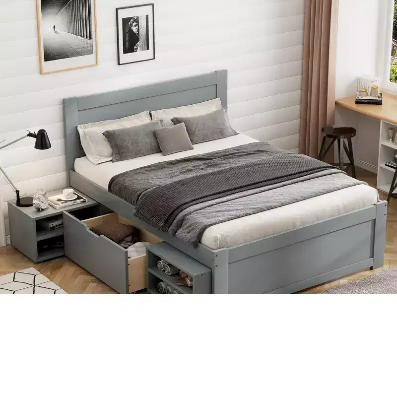 Twin/Full Size Wood Platform Bed With Drawer and Two Storage Shelves 4O - ModernLuxe