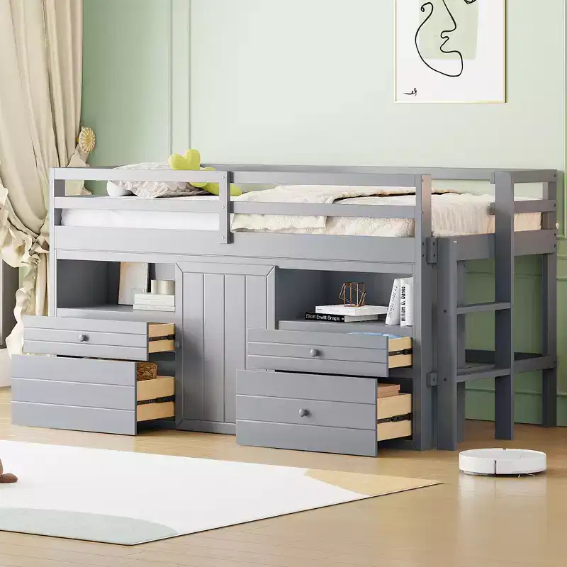 Whisen 81.8L x 40.8W Modern Design Twin Size Loft Bed with 4 Drawers, Underneath Cabinet and Shelves