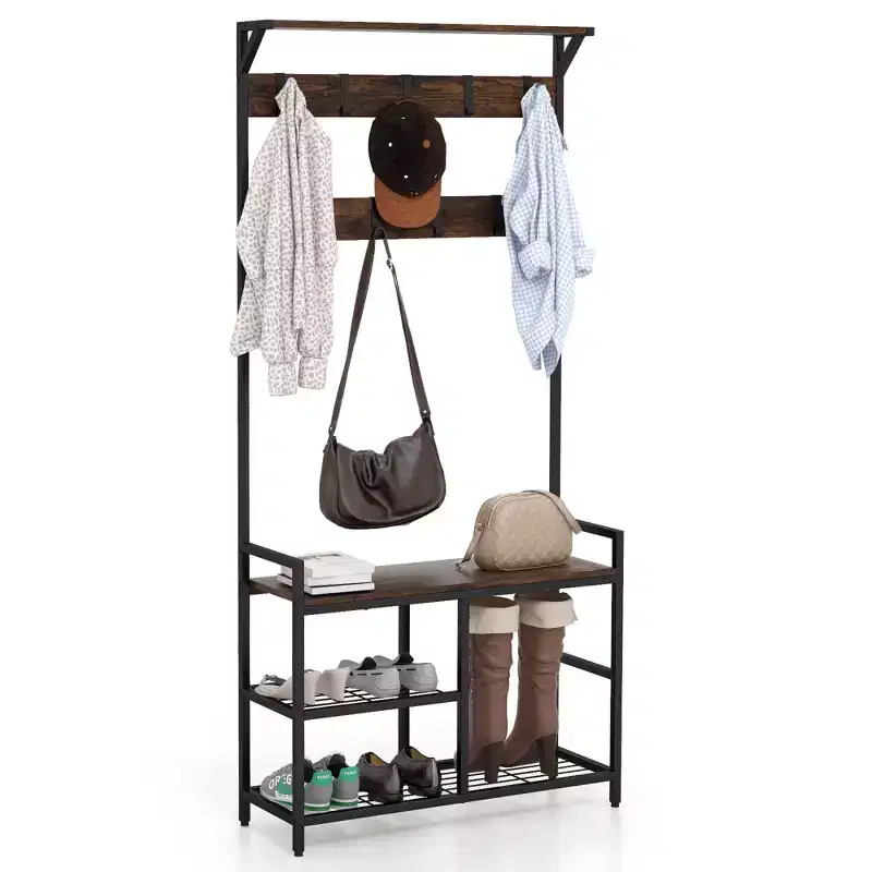 71'' Coat Rack Hall Tree with Shoe Bench Industrial Entryway Storage Shelf with Hooks