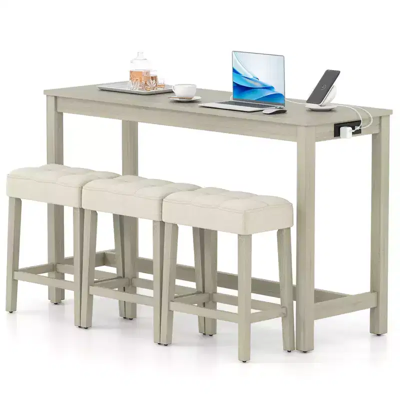 Costway 4PCS Bar Table Set w/Charging Station 3 Padded Stools for Living Room Kitchen