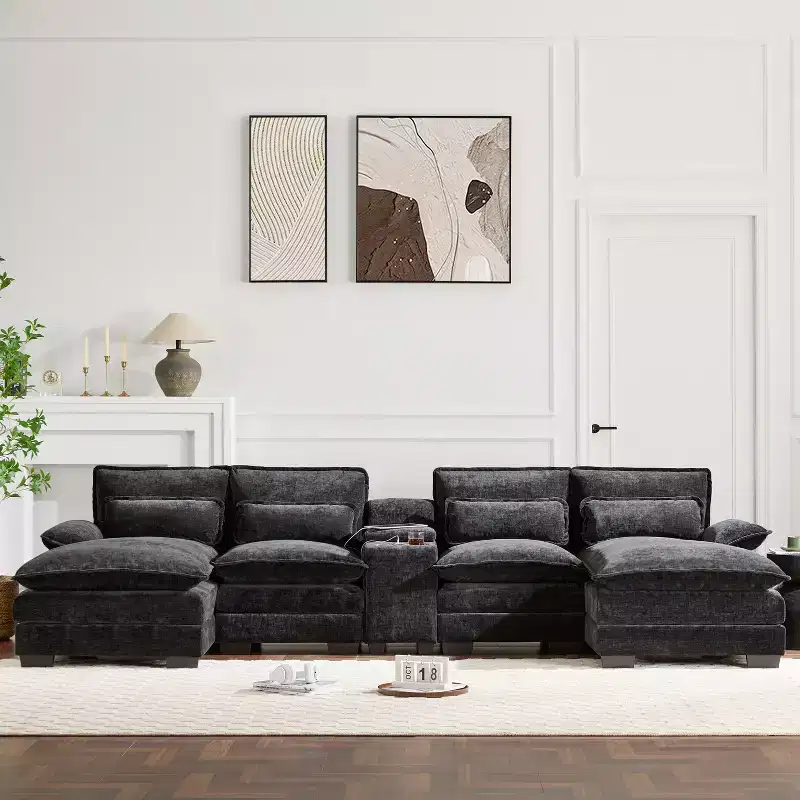 Whisen Modern Design Chenille U-shaped Sectional Sofa with Cup Holders and USB Charger