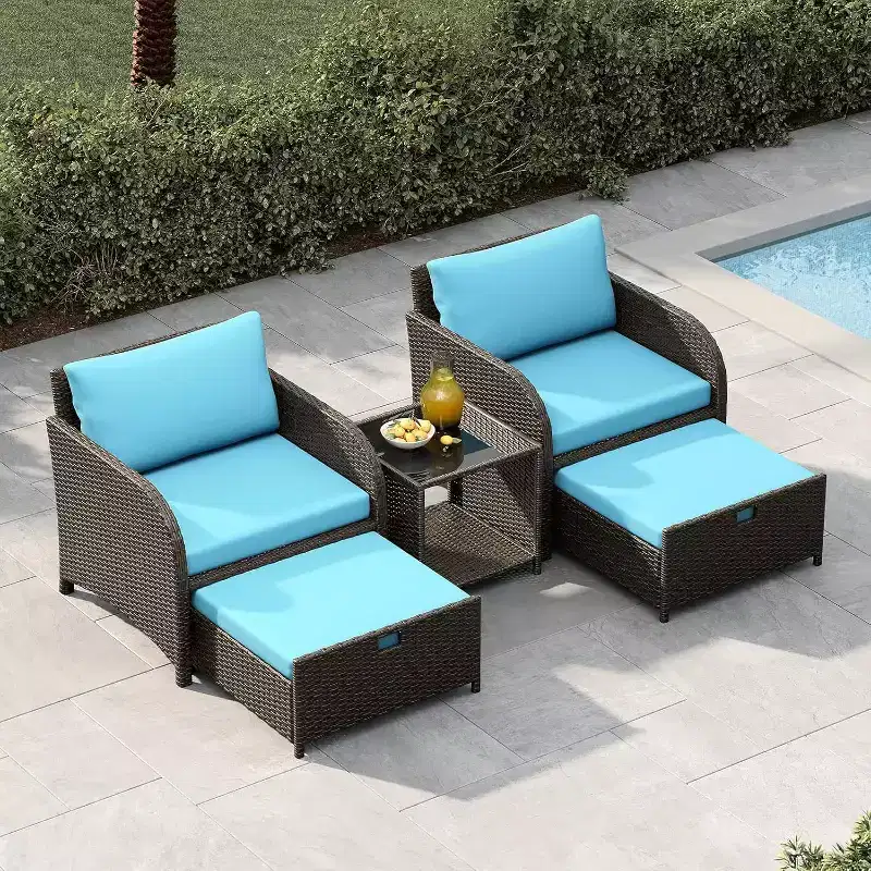 5-Piece PE Rattan Outdoor Seating Set With Ottomans and Glass Tabletop for Patio, Garden, Balcony
