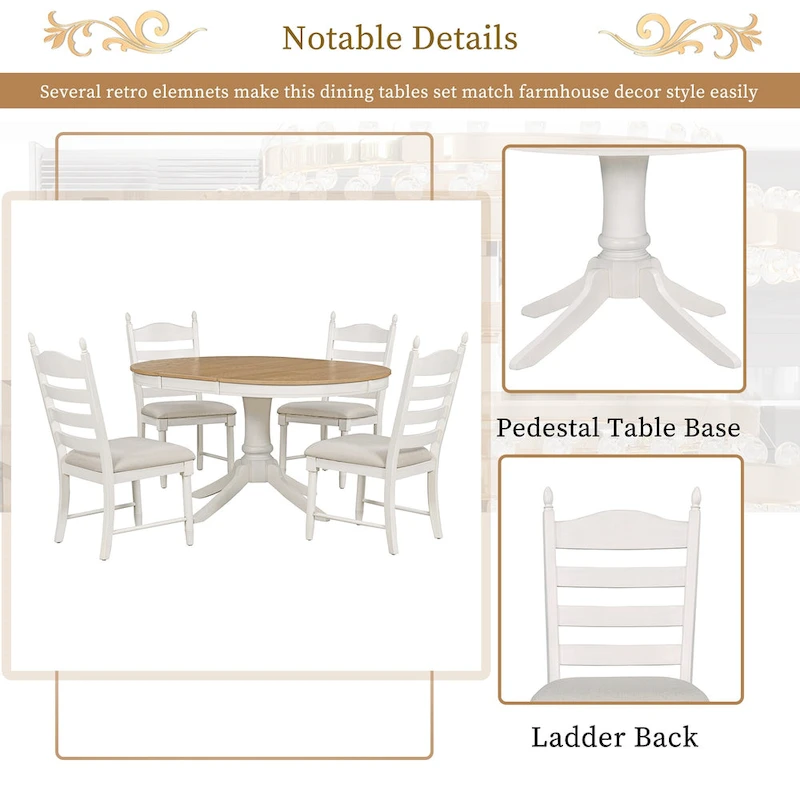 5-Piece Dining Table Set Round Extendable Dining Table and 4 Chairs