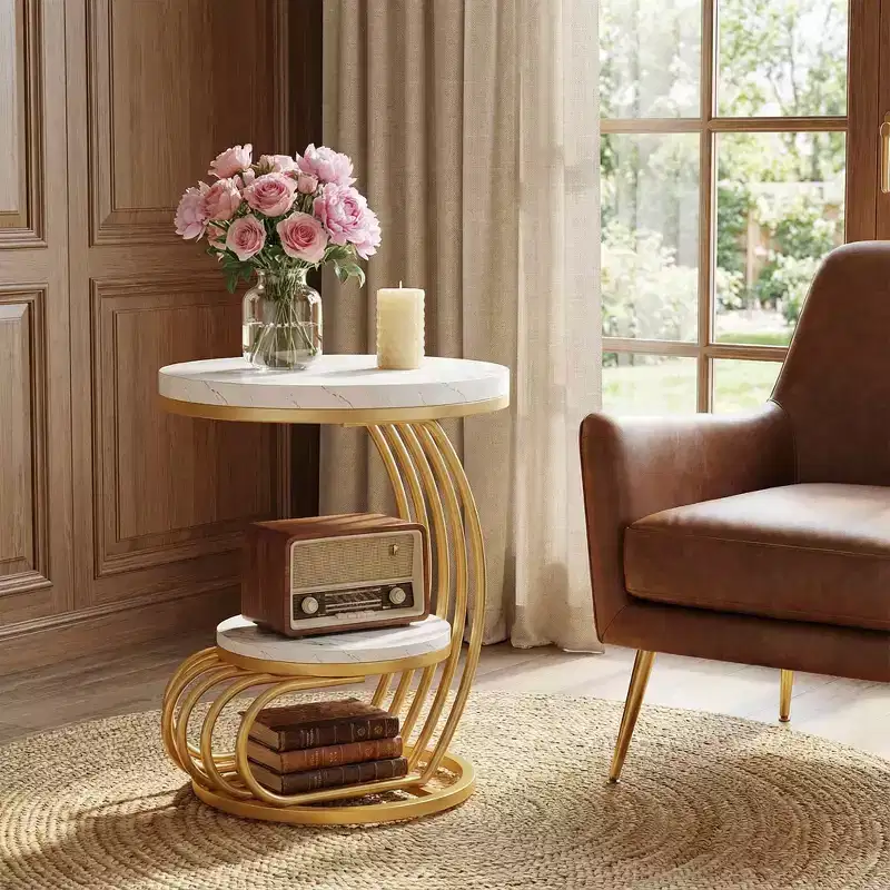 2-Tier Round End Table, Faux Marble Side Table with Storage Shelf