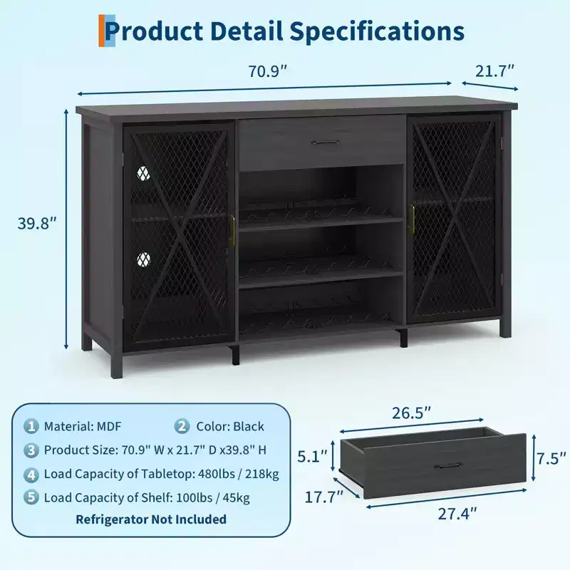 Coffee Bar Cabinet with Storage, Industrial Sideboard Buffet Cabinet with Drawer, for Home Kitchen, Dining Room, Living Room