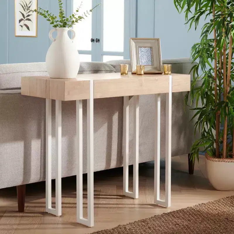 Scandinavian Console Table with Hairpin Legs, Wood Veneer Top, Brown/White
