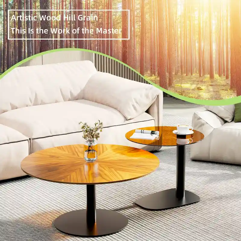 Set of 2 Modern Stacking Round Coffee Table Side Table Set with Slate Glass Top