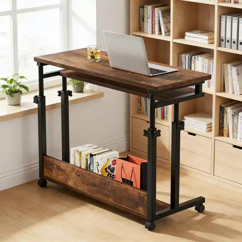 Office Desk with Wheels, Mobile Laptop Table with Hideaway Keyboard Tray, Height Adjustable Rolling Standing Desk for Home Office, Study, Bedroom