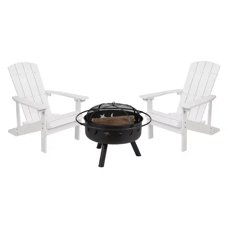 Flash Furniture 3 Piece Charlestown Poly Resin Wood Adirondack Chair Set with Fire Pit - Star and Moon Fire Pit with Mesh Cover