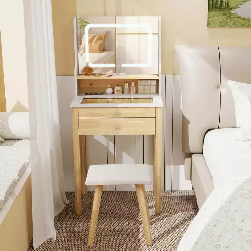 Costway Small Vanity Desk Set with Adjustable LED Lighted Mirror and Power Outlets White