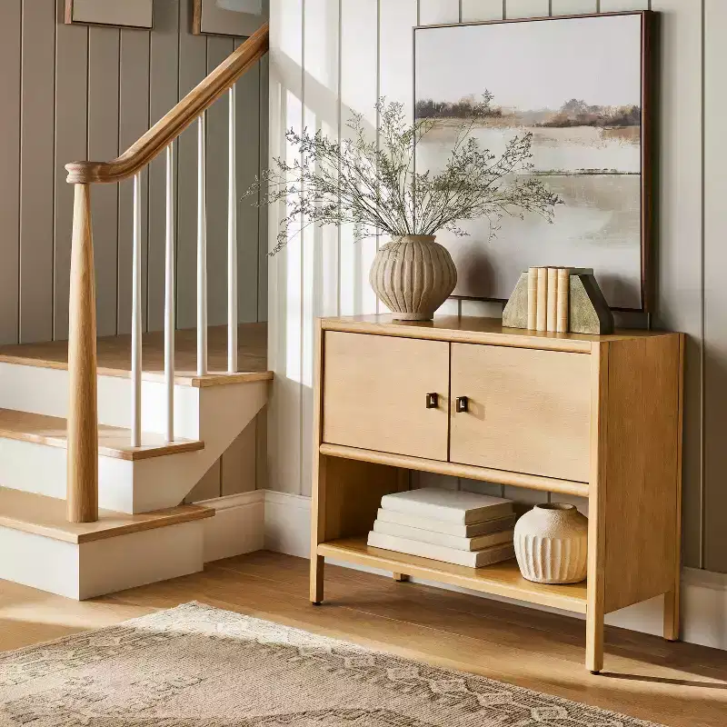 2-Door Cabinet Natural, Wood Frame with Brass-Finish Handles